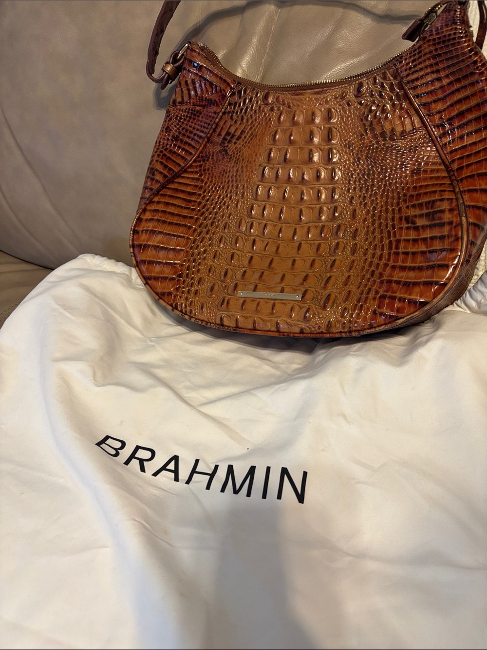 Brahmin Tan Croc-Embossed Leather Hobo Shoulder Bag